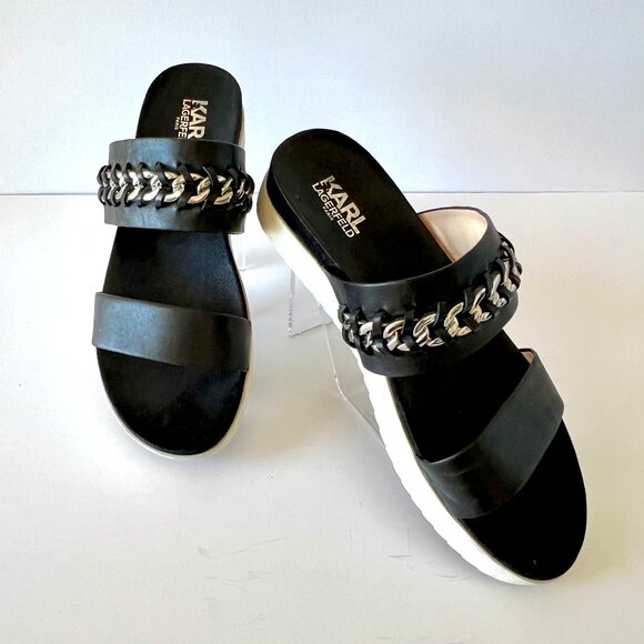Karl Lagerfeld Paris Slip On Black Leather Sandals, Meslay, Size 8, EUC! - Picture 1 of 14